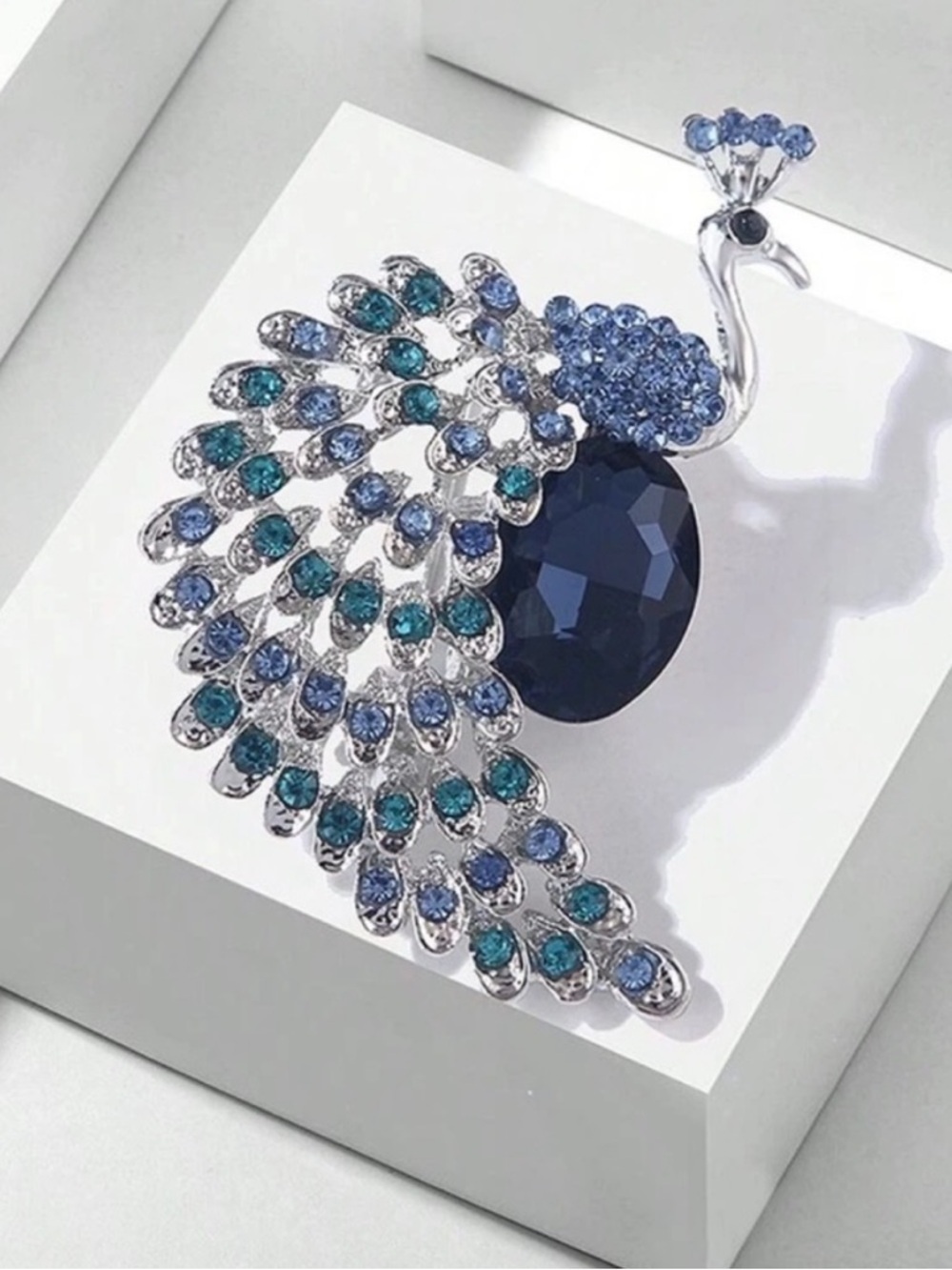 Anthropologie Silver Peacock Brooch with Blue and Teal Crystals